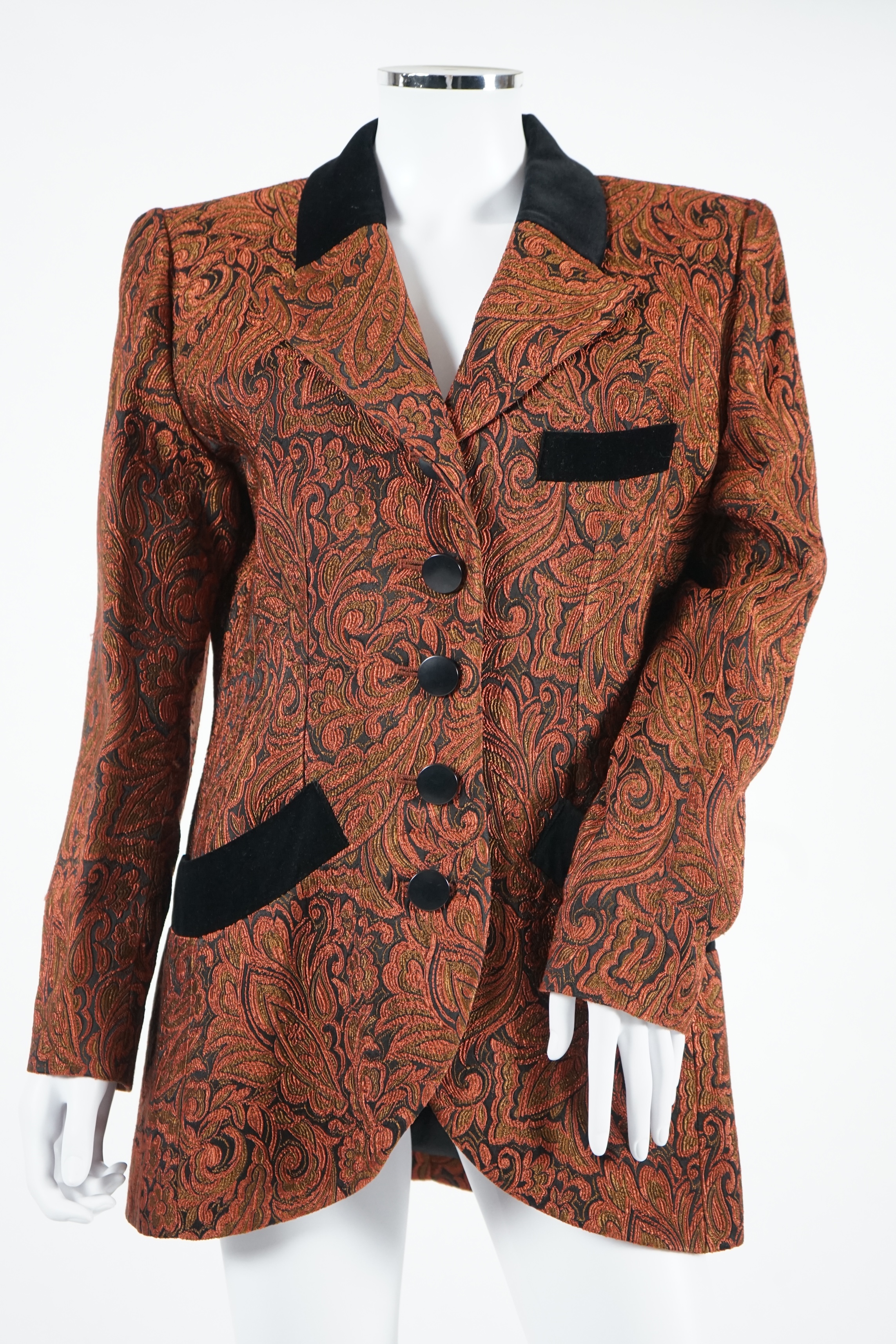 A vintage Yves Saint Laurent variation lady's paisley jacket with black velvet collar, buttons and pocket detail, F 42 (UK 14). Proceeds to Happy Paws Puppy Rescue